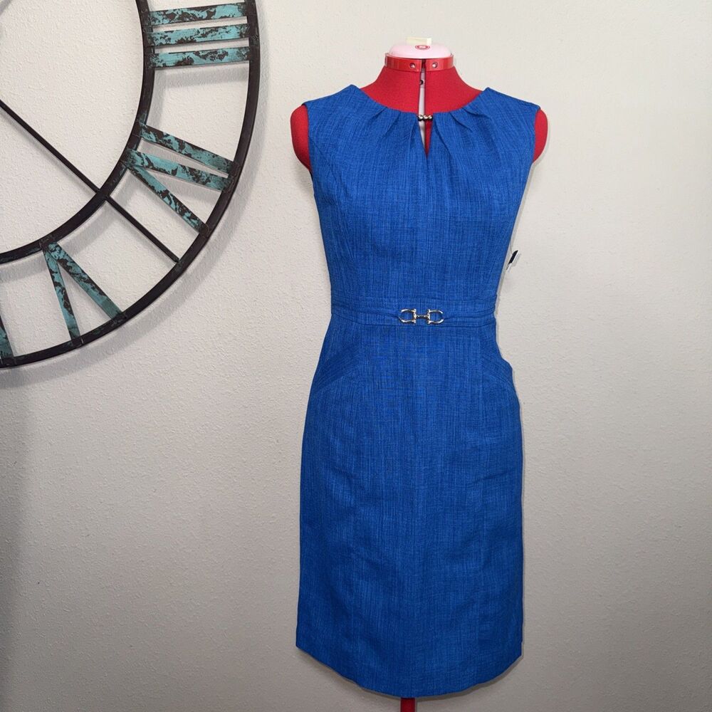 Ellen Tracy Dress 6 NWT Royal Blue Sleeveless Lined Sheath Gold Details